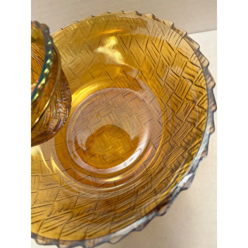 Indiana Glass Amber Tiara Sandwich Carnival Glass Chip and Dip Set 2 Piece‎